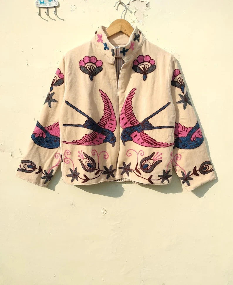 Indian Beige Love Bird Suzani Jacket Handmade Velvet Jacket Women's Clothing US